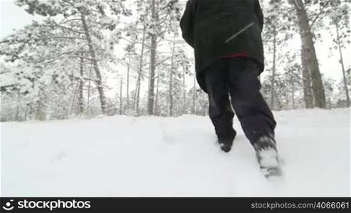 Lost elderly woman walks in snow through the woods or park in winter