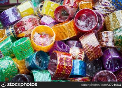 Lot of colorful cheap bangles at Indian market place