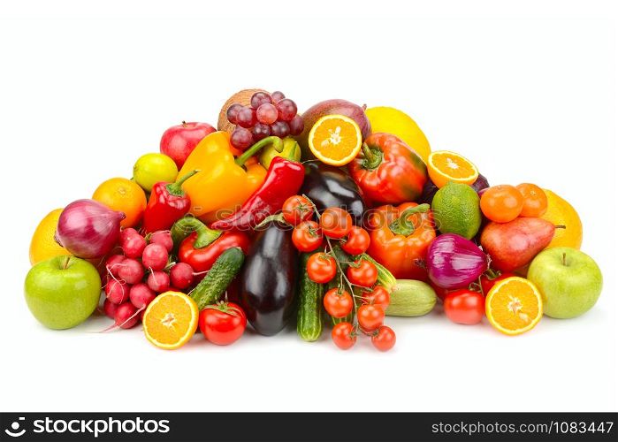 Lots fruits and vegetables isolated on white background.