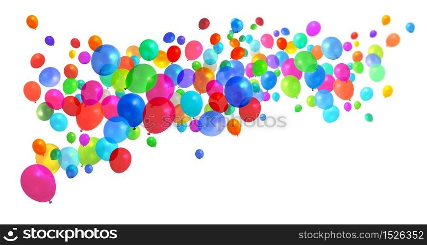 Lots of colorful birthday party balloons flying on white background. Colorful balloons flying
