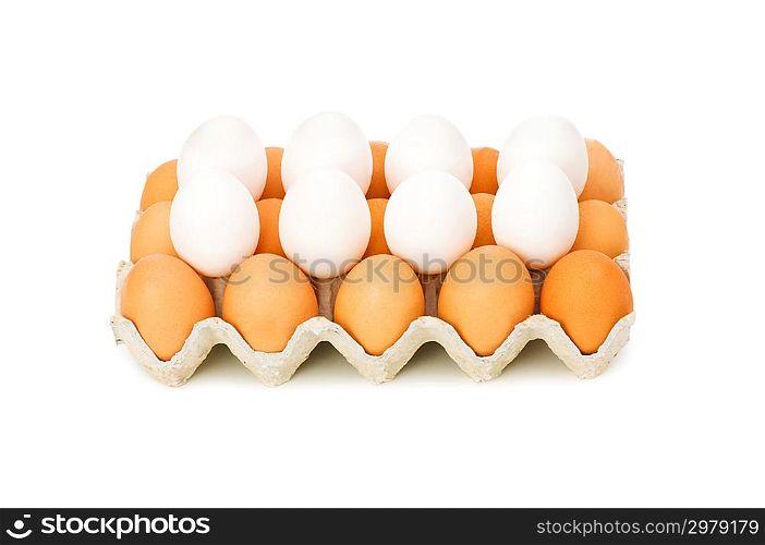 Lots of eggs in the carton isolated on white