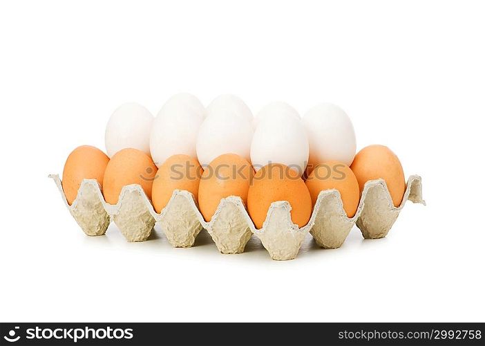 Lots of eggs in the carton isolated on white
