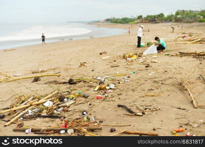 Lots of garbage on the ocean beach. Bali island, Indonesia