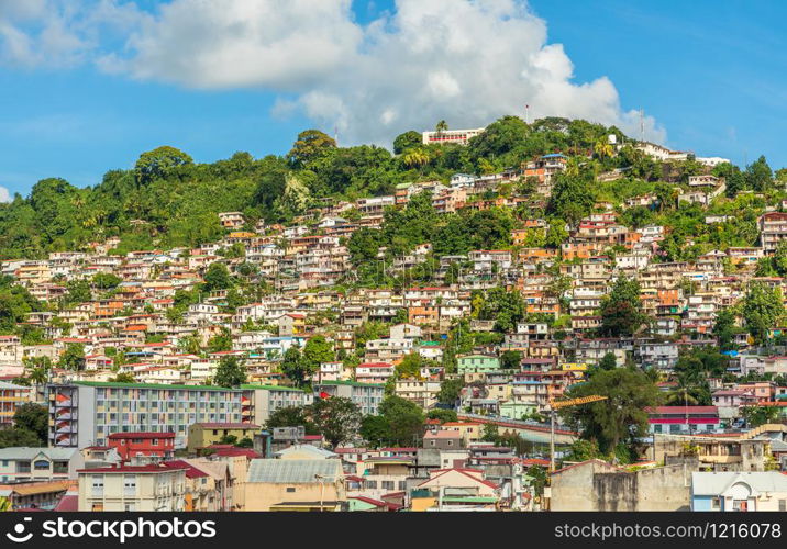 Lots of shantytown favelas on the hill, Fort De France, Martinique, French overseas department