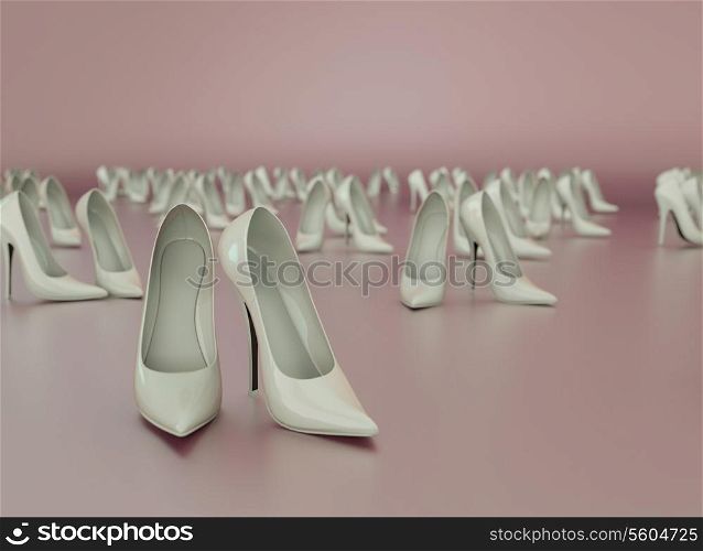 Lots of white female high-heel shoes