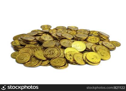 Lots stacking gold coins on white background, Money stack for business planning investment and saving future concept