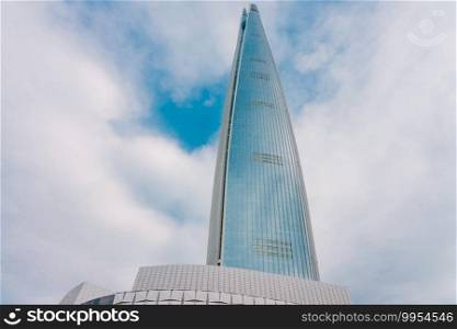 Lotte World Tower and cityscape with cloudy blue sky in winter