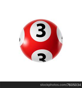 Lotto sport ball with number three isolated red sphere. Vector bingo or keno lottery sign. Red sphere with number 3 isolated bingo ball