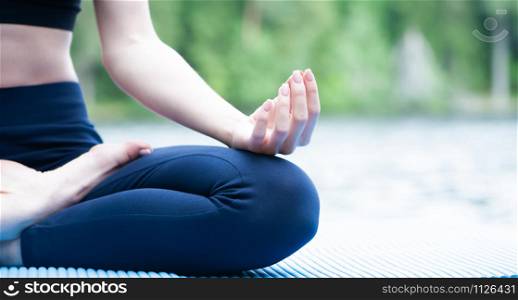 Lotus pose, Padmasana close-up, yoga elements with space for text , yoga concept