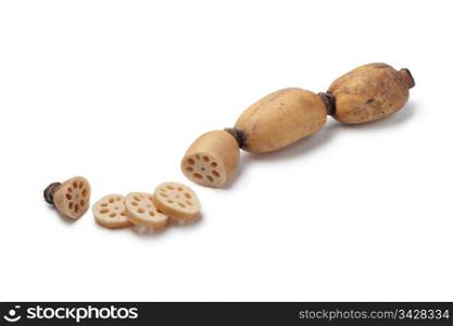 Lotus root and slices on white background