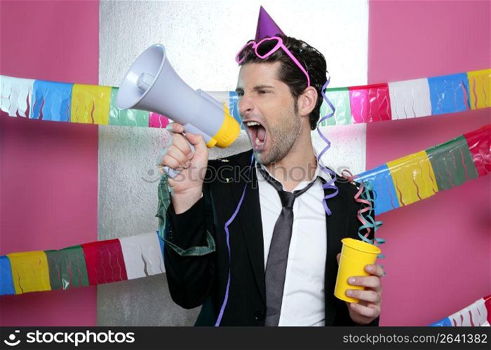 Loudspeaker crazy party man shouting happy holiday