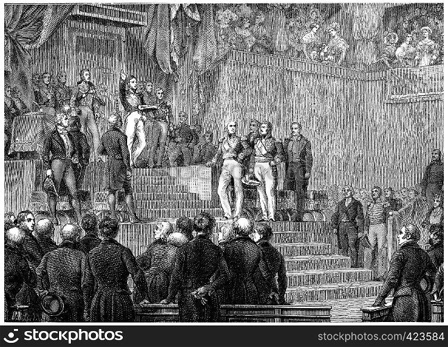 Louis-Philippe oath before the Chamber of Deputies, vintage engraved illustration. History of France ? 1885.