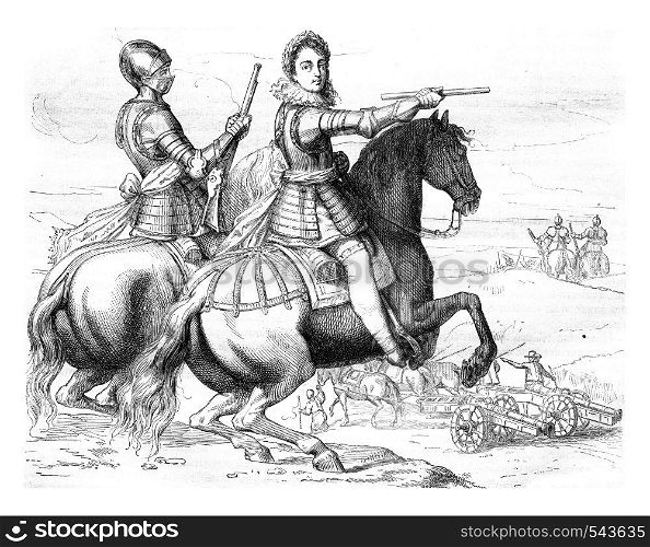 Louis XIII costume command Gendarmes and artillery train in 1621, vintage engraved illustration. Magasin Pittoresque 1858.