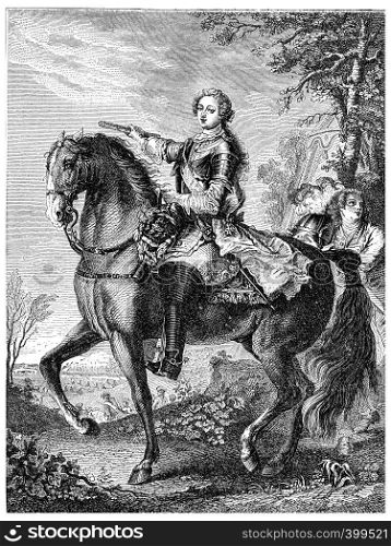 Louis XV on horseback, vintage engraved illustration.