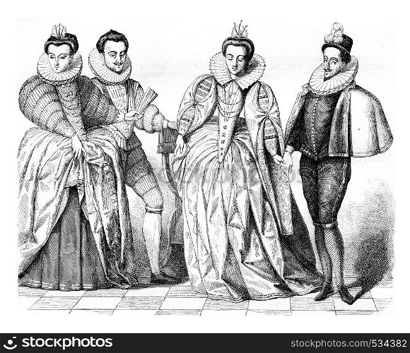 Louise de Vaudemont, wife of Henry iii, The Duke of Guise, Marguerite de Vaudemont and Anne de Joyeuse, vintage engraved illustration. Magasin Pittoresque 1855.