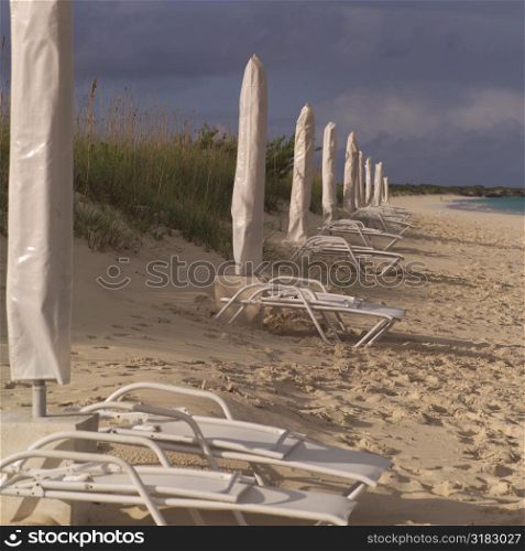 Lounge chairs on Parrot Cay beach