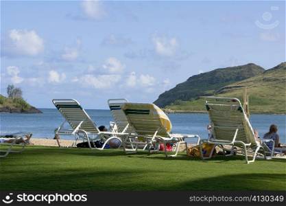 Lounge chairs on the beach, Nawiliwili Beach Park, Kauai, Hawaii Islands, USA