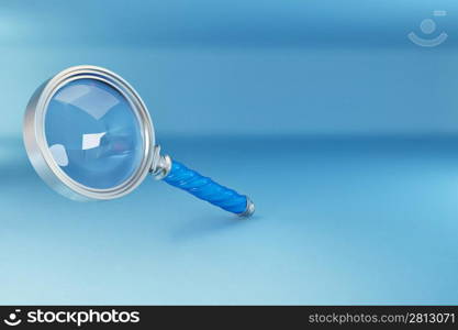 Loupe in blue background. Three-dimensional illustration. 3d