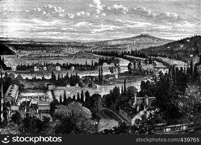 Louveciennes. The panorama of the flag of Barry. left view, vintage engraved illustration. Journal des Voyages, Travel Journal, (1880-81).