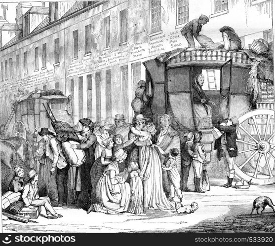 Louvre Museum, Arrival of a stagecoach, sketch from a painting by Boilly, vintage engraved illustration. Magasin Pittoresque 1855.