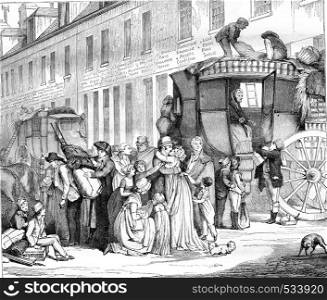 Louvre Museum, Arrival of a stagecoach, sketch from a painting by Boilly, vintage engraved illustration. Magasin Pittoresque 1855.