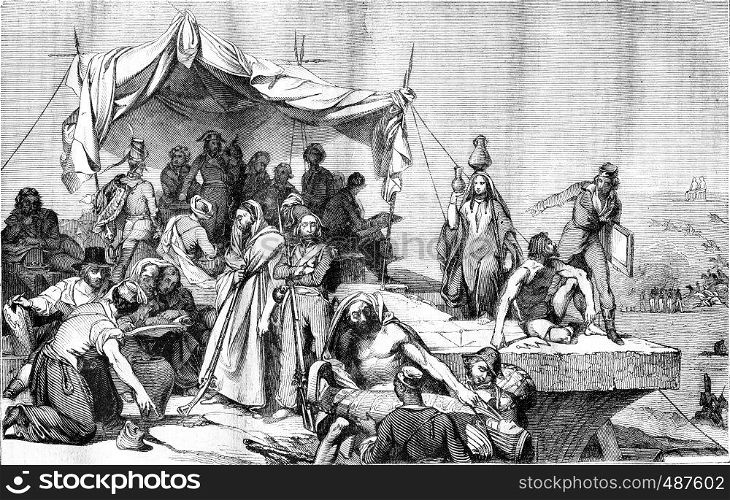 Louvre museum, Bonaparte's expedition to Egypt, ceiling painting, vintage engraved illustration. Magasin Pittoresque 1836.