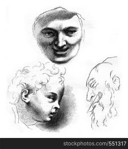 Louvre Museum, gallery of drawings, Heads of study by Rubens, vintage engraved illustration. Magasin Pittoresque 1867.