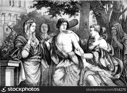 Louvre Museum, Hercules between Vice and Virtue, vintage engraved illustration. Magasin Pittoresque 1844.