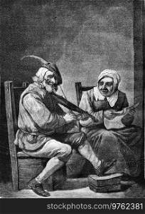 Louvre museum  Painting. Duo by Teniers the Younger, vintage engraved illustration. Magasin Pittoresque 1877. 