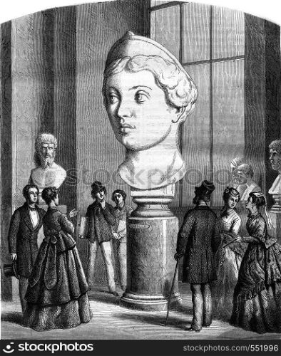 Louvre Museum, Sculpture, Colossal head of Lucilla, Roman empress, vintage engraved illustration. Magasin Pittoresque 1869.