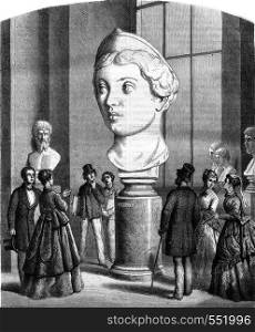 Louvre Museum, Sculpture, Colossal head of Lucilla, Roman empress, vintage engraved illustration. Magasin Pittoresque 1869.