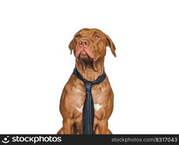 Lovable, pretty brown puppy and tie. Close-up, indoors. Day light. Concept of care, education, obedience training and raising pets. Lovable, pretty brown puppy and tie. Close-up