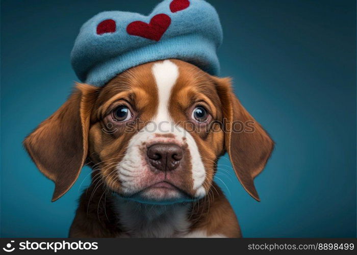 Lovable, pretty puppy, with heart shaped funny hat . Close-up, indoors. Color background. Concept of love and terness. Generative AI