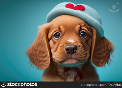 Lovable, pretty puppy, with heart shaped funny hat . Close-up, indoors. Color background. Concept of love and terness. Generative AI