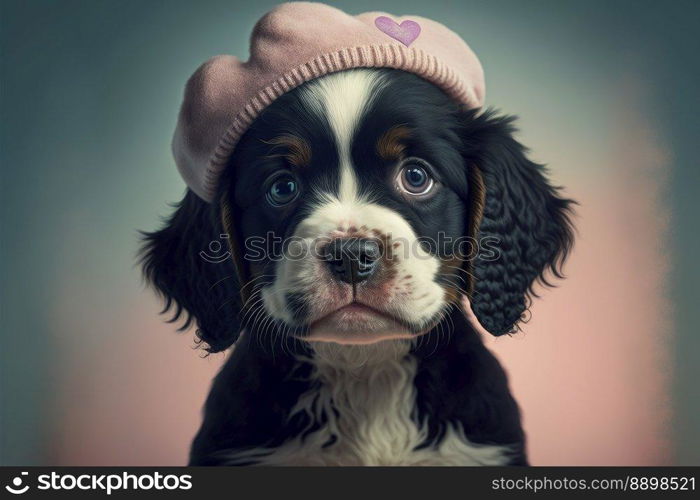 Lovable, pretty puppy, with heart shaped funny hat . Close-up, indoors. Color background. Concept of love and terness. Generative AI