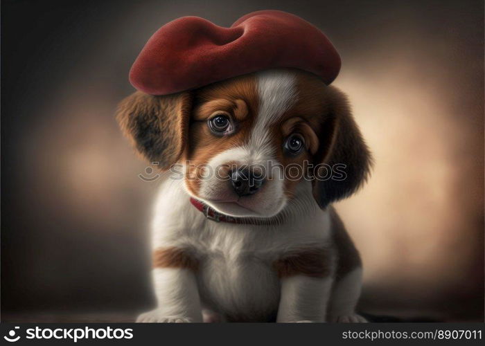 Lovable, pretty puppy, with heart shaped funny hat . Close-up, indoors. Color background. Concept of love and terness. Generative AI