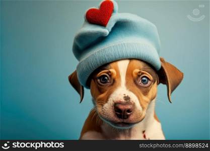 Lovable, pretty puppy, with heart shaped funny hat to use as Valentine card. Close-up, indoors. Color background. Concept of love and terness. Generative AI