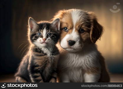 Lovable puppy and kitty at home. Close-up, indoors. Warm colors background. Concept of love and terness. Generative AI