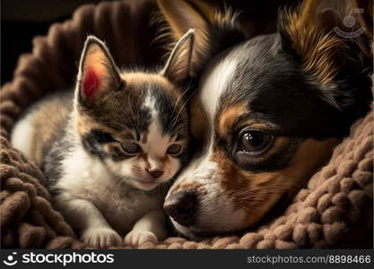 Lovable puppy and kitty at home. Close-up, indoors. Warm colors background. Concept of love and terness. Generative AI