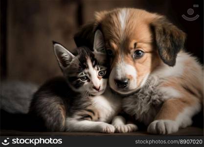 Lovable puppy and kitty at home. Close-up, indoors. Warm colors background. Concept of love and terness. Generative AI