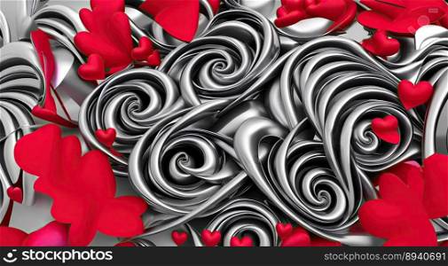 Love 3D art symbol metal art curly roses with red hears, created with Generative AI technology.
