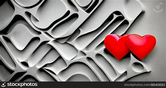 Love 3D art symbol with double shiny red hearts on a scratched metal art background , created with Generative AI technology.