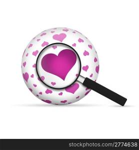 Love 3d Sphere with magnifying glass on white background.