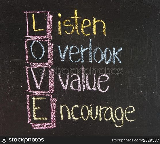 LOVE acronym, listen, overlook, value, encourage on colorful sticky notes on a blackboard with words written in chalk
