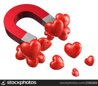 Love and attraction concept: lot of red hearts attracted by metal horseshoe magnet isolated on white background