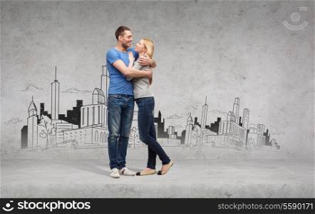 love and family concept - smiling couple hugging and looking at each other with city drawing on the back