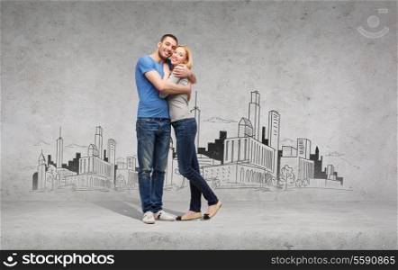 love and family concept - smiling couple hugging with city drawing on the back