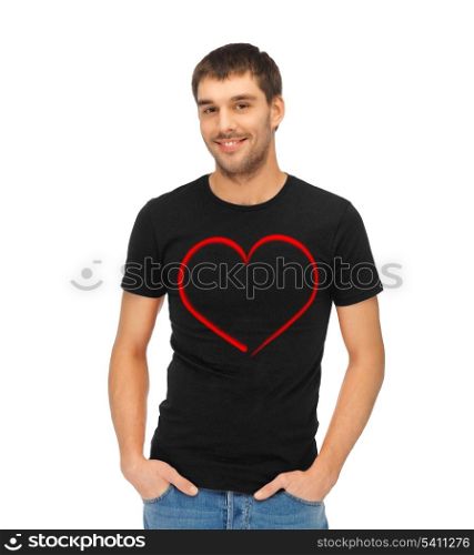 love and happiness concept - handsome man in blank black t-shirt