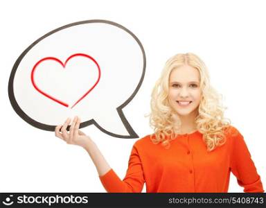 love and happiness concept - smiling student with text bubble and heart in it