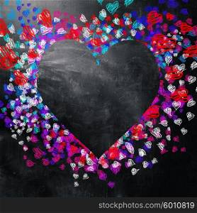 Love and hearts background. Love background. Multicolored hearts on the blackboard